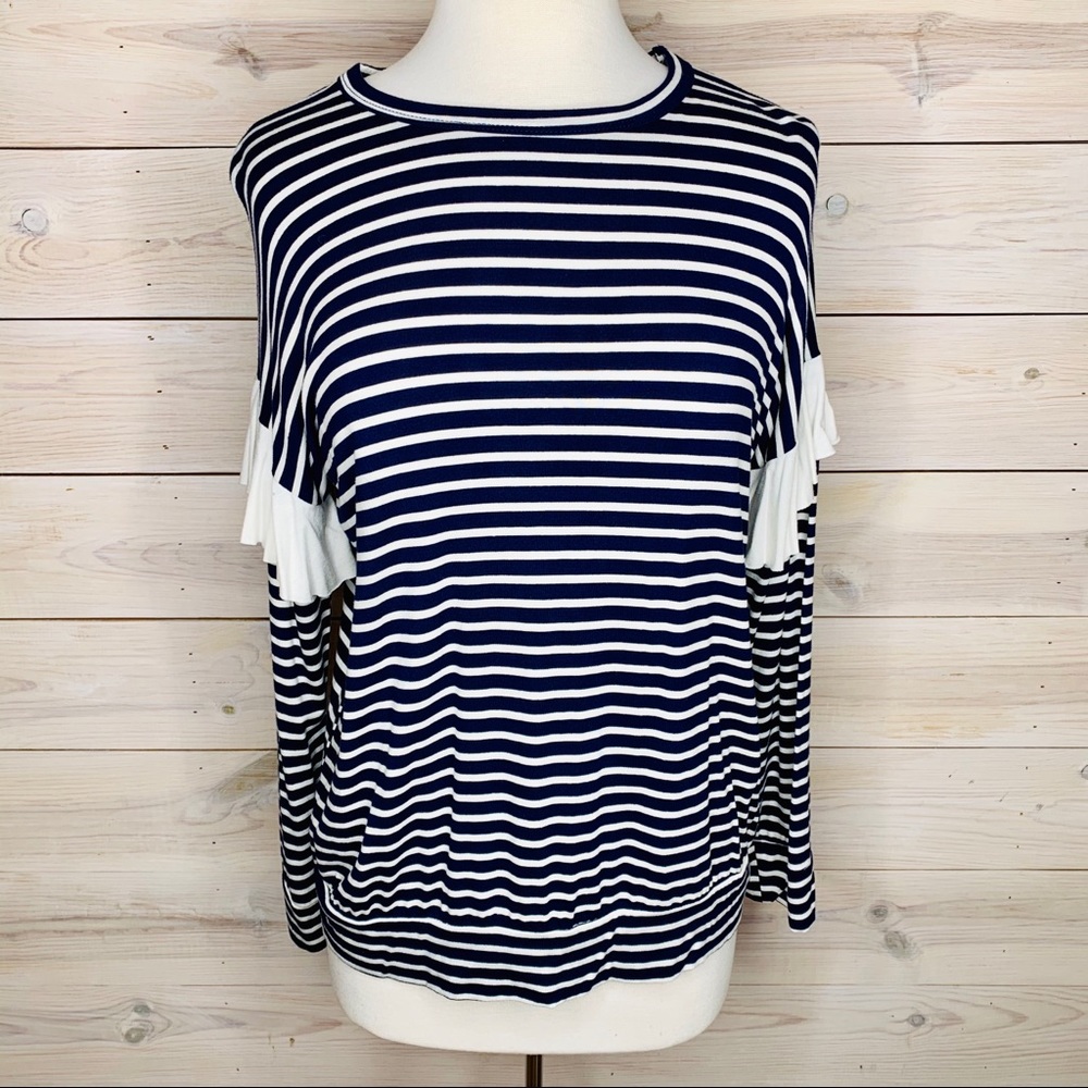 Navy Blue and White Striped Long Sleeve Top With Ruffle Detailing